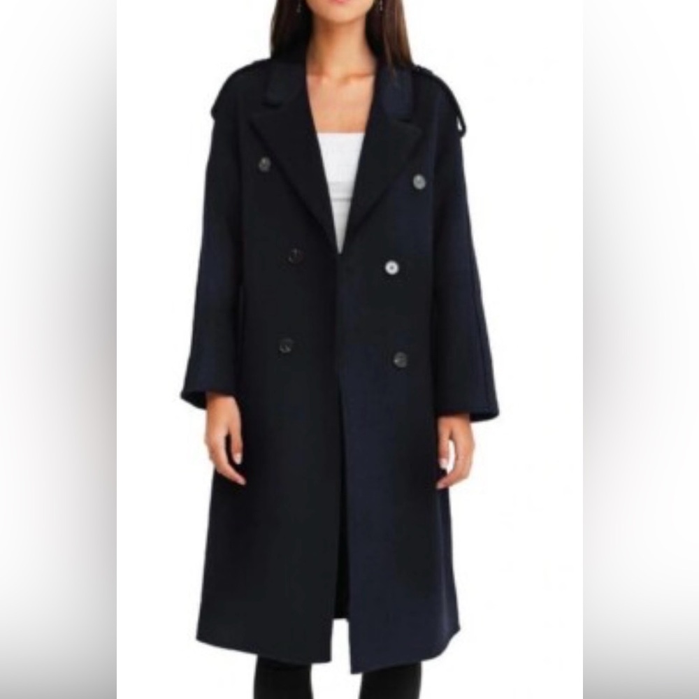 100 % Wool Dark Navy Double-Breasted Women's Trench Coat